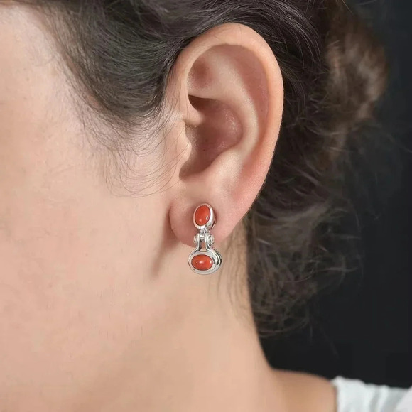 Mediterranean Coral, White Zircon Earrings in Platinum Over Sterling Silver 2.25 - Picture 3 of 5